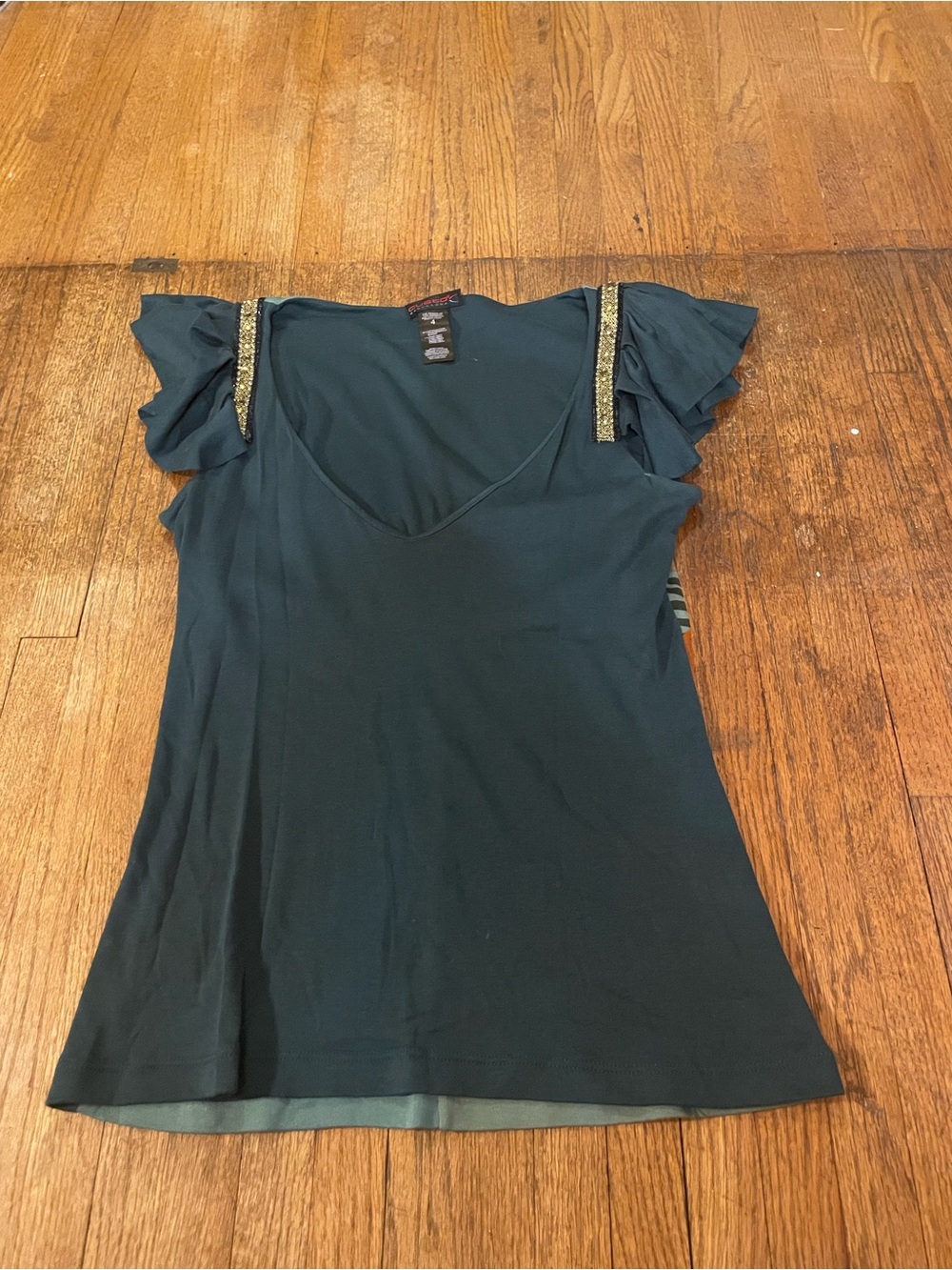 Custo Barcelona Dark Teal V-Neck Top with Gold Embellishment - size 4